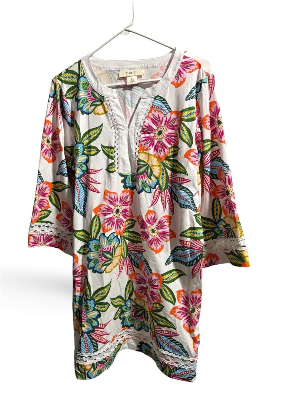 NWT Ruby Rd. White Floral Midi Dress - Pink, Green, Blue & Yellow Bloom